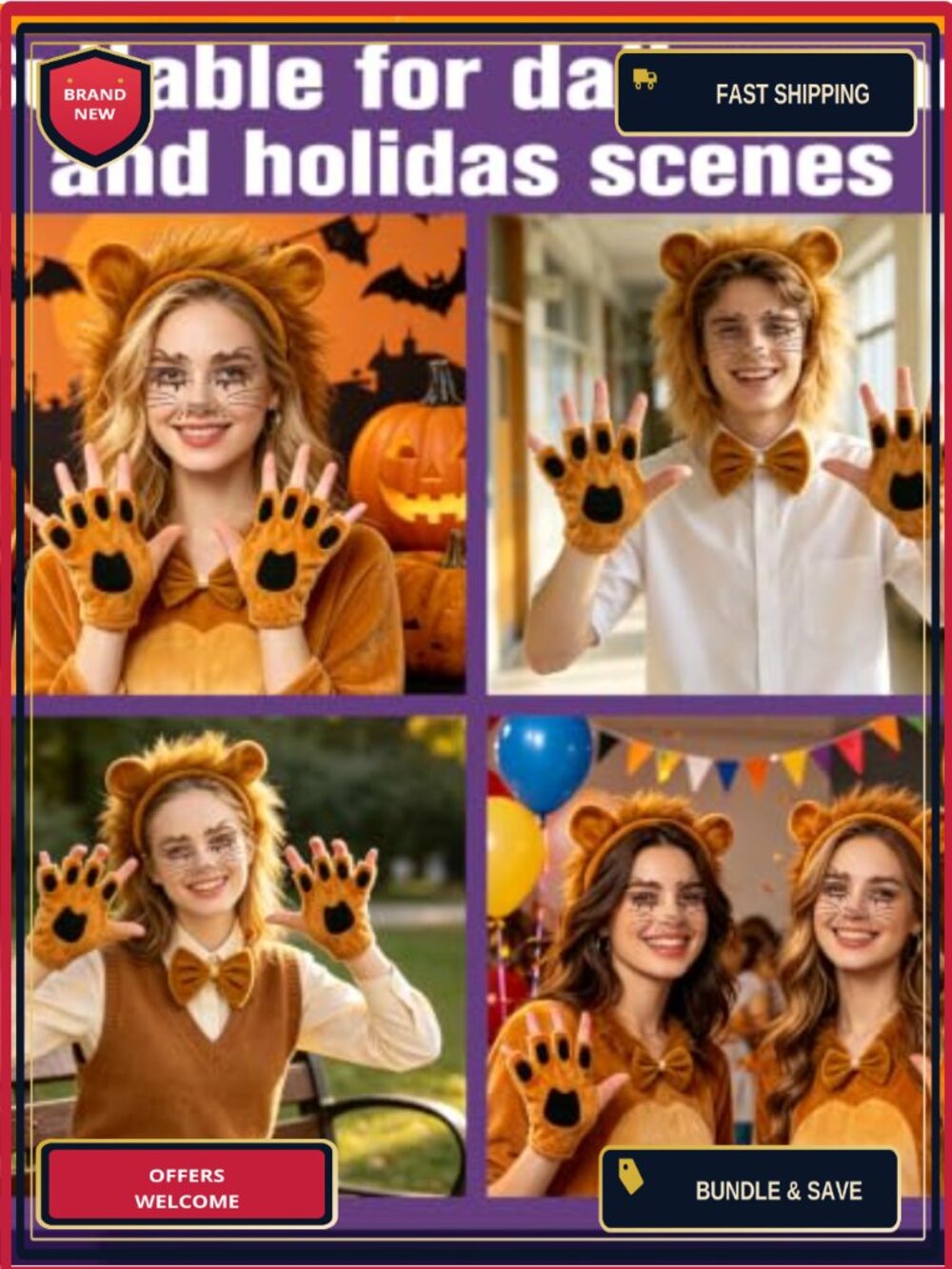5 Piece Lion Costume Set for Women Halloween Accessory Kit - Picture 4 of 6